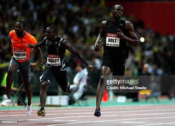 Usain Bolt of Jamaica crosses the line to win the Mens 100m during the IAAF Golden League Track and Field meeting on July 17, 2009 in Paris, France.