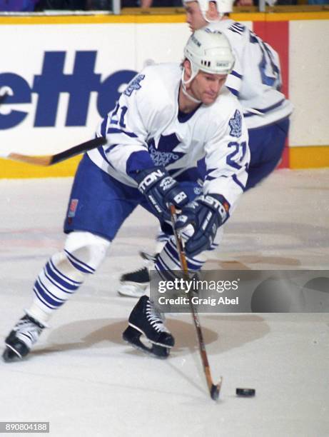 Kirk Muller of the Toronto Maple Leafs skates against the Dallas Stars on March 15, 1996 at Maple Leaf Gardens in Toronto, Ontario, Canada.