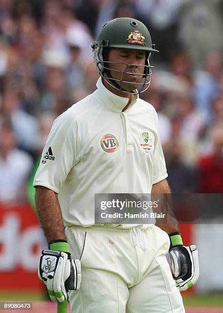 Ricky Ponting of Australia walks back after being dismissed by James Anderson of England during day two of the npower 2nd Ashes Test Match between...