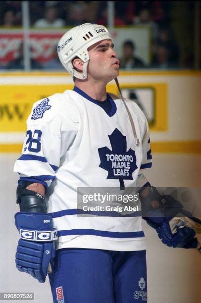 Tie Domi of the Toronto Maple Leafs skates against the Dallas Stars on March 15, 1996 at Maple Leaf Gardens in Toronto, Ontario, Canada.