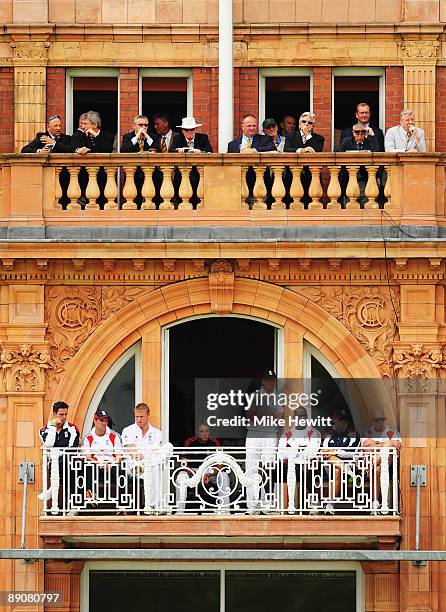 Members watch play with England players during day two of the npower 2nd Ashes Test Match between England and Australia at Lord's on July 17, 2009 in...