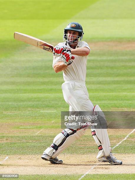 Simon Katich of Australia plays the shot which led to his dismissal off the bowling of Graham Onions of England during day two of the npower 2nd...