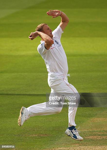 Andrew Flintoff of England bowls during day two of the npower 2nd Ashes Test Match between England and Australia at Lord's on July 17, 2009 in...