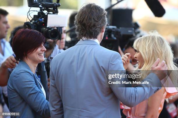 Kylie Minogue and Guy Pearce talk to media during the world premiere of Swinging Safari on December 12, 2017 in Sydney, Australia.