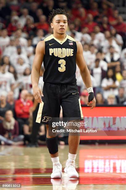 Carsen Edwards of the Purdue Boilermakers looks on during a college basketball game against the Maryland Terrapins at the Xfinity Center on December...