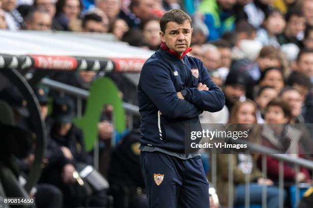 Coach Eduardo Berizzo of Sevilla FC during the La Liga Santander match between Real Madrid CF and Sevilla FC on December 09, 2017 at the Santiago...