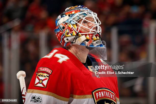Goaltender James Reimer of the Florida Panthers skates back to the net after a break in the action against the Colorado Avalanche at the BB&T Center...