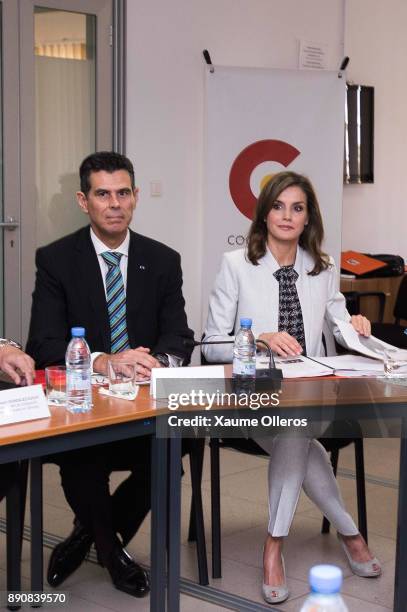 Queen Letizia of Spain and Spanish ambassador to Senegal Alberto Virella attend a meeting at the the Spanish Cooperation Agency on December 12, 2017...