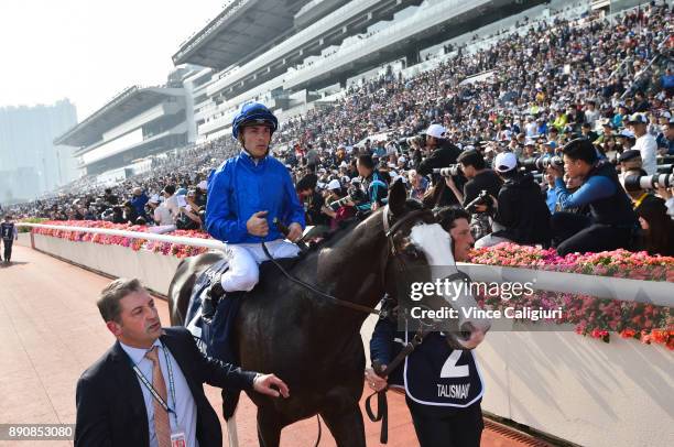 Mickael Barzalona riding Talismanic after finishing runner up in Race 4, The Longines Hong Kong Vase during Longines Hong Kong International Race Day...