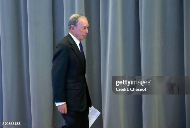 Special envoy to the United Nations for climate change Michael Bloomberg arrives for a press conference during the One Planet Summit at the Seine...