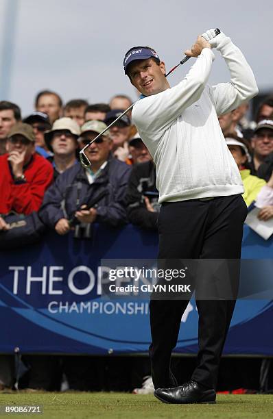 English golfer Anthony Wall tees off from the 1st tee, on the third day of the 138th British Open Championship at Turnberry Golf Course in south west...