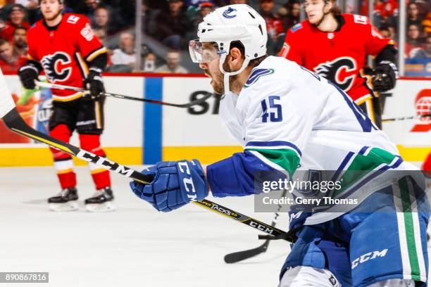 Michael Chaput of the Vancouver Canucks in a NHL game against the Calgary Flames at the Scotiabank Saddledome on December 09, 2017 in Calgary,...