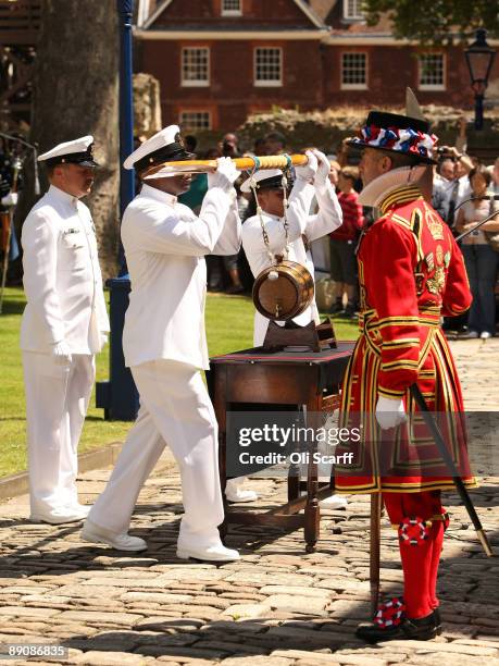 The crew of the US Navy warship, the USS Halyburton take part in the ancient ceremony of the "Constable's Dues" in the Tower of London on July 18,...