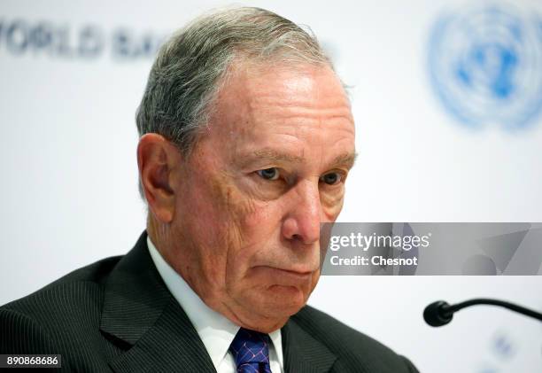 Special envoy to the United Nations for climate change Michael Bloomberg attends a press conference during the One Planet Summit at the Seine...