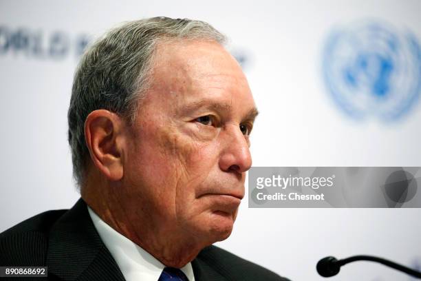 Special envoy to the United Nations for climate change Michael Bloomberg attends a press conference during the One Planet Summit at the Seine...