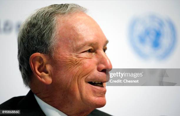 Special envoy to the United Nations for climate change Michael Bloomberg attends a press conference during the One Planet Summit at the Seine...