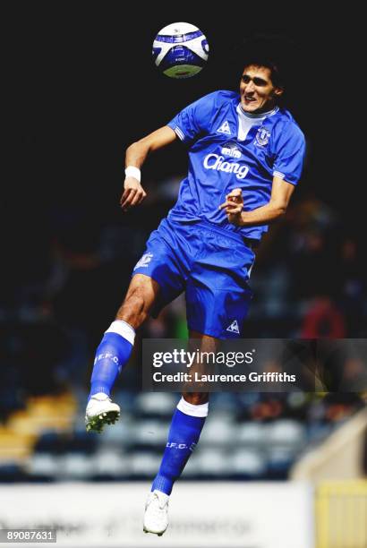 Marouane Fellaini of Everton heads the ball during the Pre Season Friendly match between Rochdale and Everton at the Spotland Stadium on July 18,...