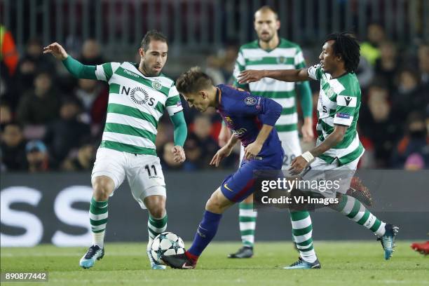 Bruno Cesar of Sporting Club de Portugal, Denis Suarez of FC Barcelona, Gerson Martins of Sporting Club de Portugal during the UEFA Champions League...