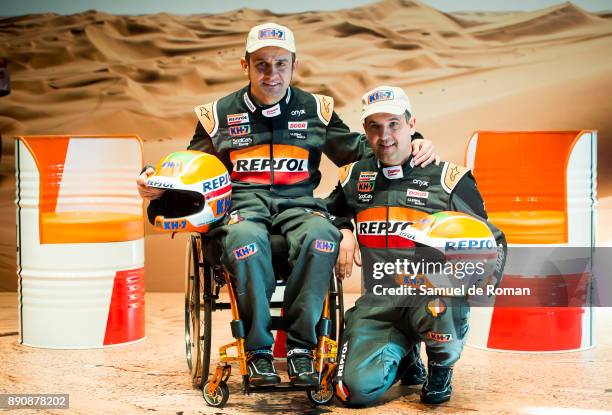 Isidre Esteve and Txema Villalobos attend a press conference presenting the Dakar 2018 Repsol Rally Team on December 12, 2017 in Madrid, Spain.