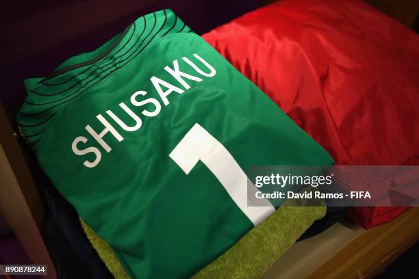 Shusaku Nishikawa of Urawa Reds shirt is seen in the dressing room prior to the FIFA Club World Cup UAE 2017 fifth place playoff match between Wydad...