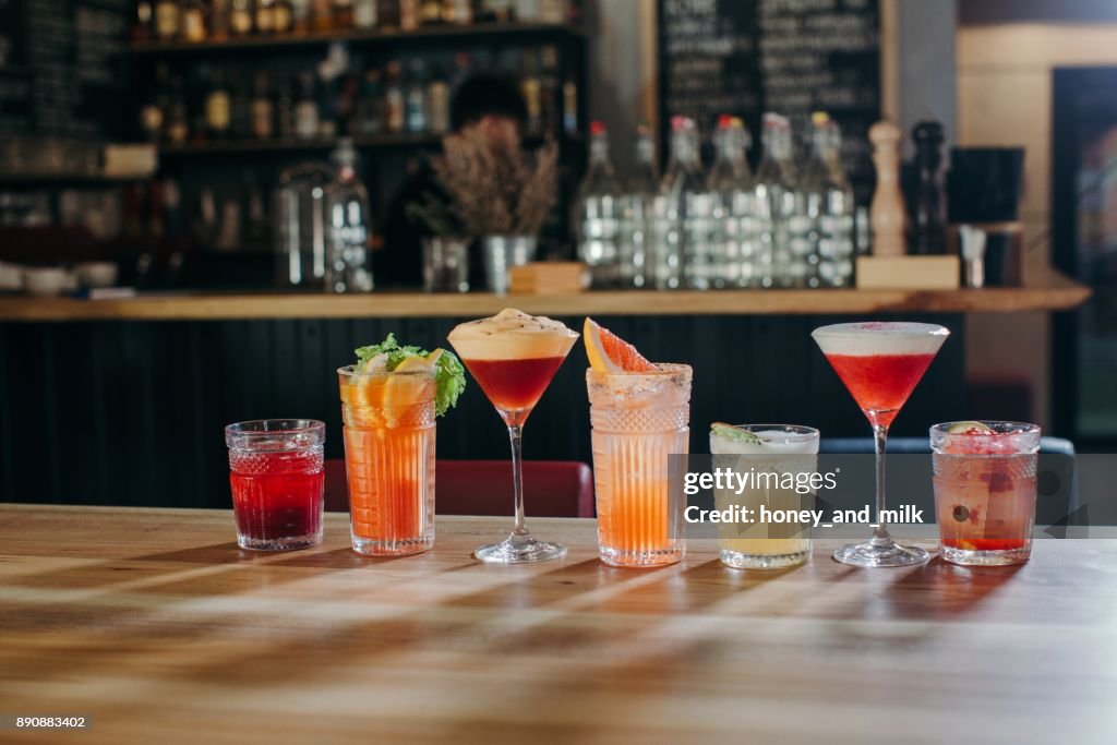 Selection of cocktails on a bar counter