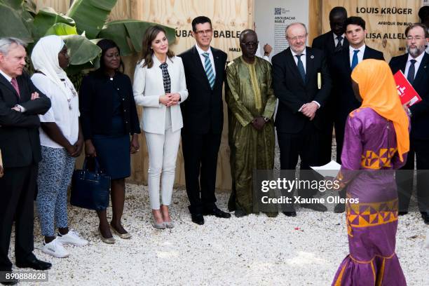 Queen Letizia of Spain and Spanish ambassador Alberto Virella attend a sainete poem the Cervantes Institute on December 12, 2017 in Dakar, Senegal....