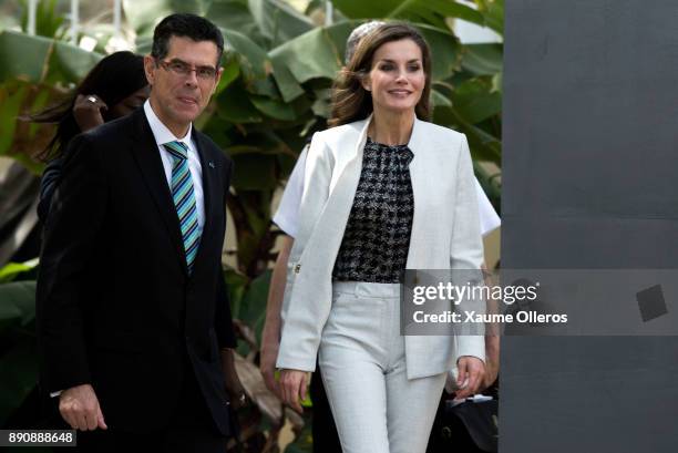 Queen Letizia of Spain and Spanish ambassador Alberto Virella visit the Cervantes Institute on December 12, 2017 in Dakar, Senegal. Queen Letizia of...