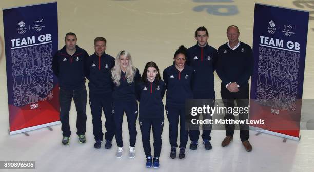 Stuart Laing, GB Short Track Performance Director, Josh Cheetham, Elise Christie, Charlotte Gilmartin, Kathryn Thomson and Farrell Treacy of Great...