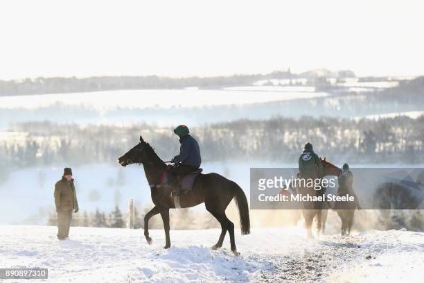 Racehorses workout in heavy snow conditions during the morning gallops at the yard of national hunt trainer Nigel Twiston-Davies on December 12, 2017...
