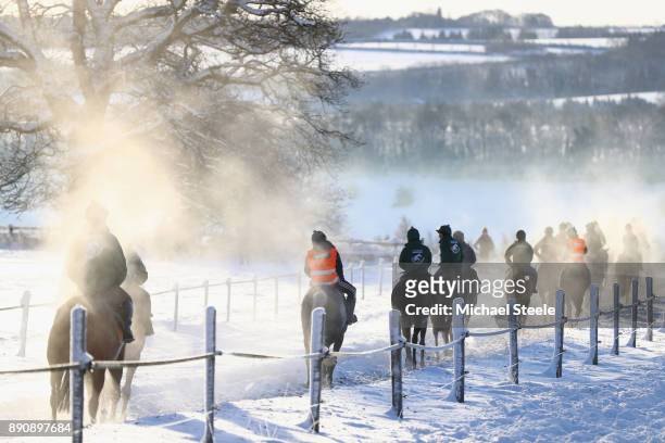 Racehorses workout in heavy snow conditions during the morning gallops at the yard of national hunt trainer Nigel Twiston-Davies on December 12, 2017...