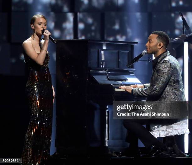 Zara Larsson and John Legend perform with the a-bomb exposed piano during the Nobel Peace Prize Concert 2017 at the Telenor Arena on December 11,...