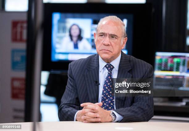 Angel Gurria, secretary-general of the Organization for Economic Cooperation and Development , pauses during a Bloomberg Television interview at the...