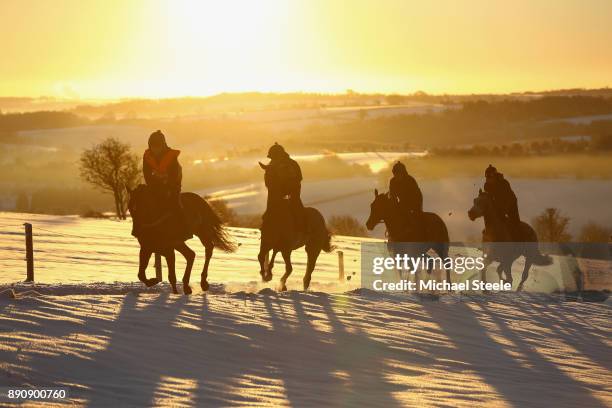 Racehorses workout in heavy snow conditions during the morning gallops at the yard of national hunt trainer Nigel Twiston-Davies on December 12, 2017...