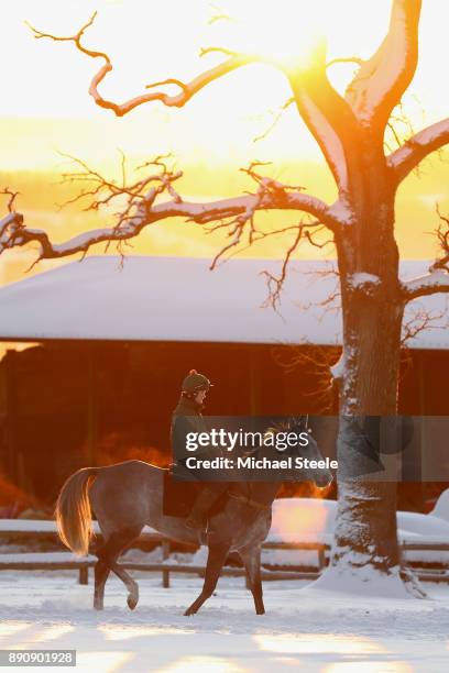 Rider and racehorse head out for the third lot during morning gallops at the yard of national hunt trainer Nigel Twiston-Davies on December 12, 2017...