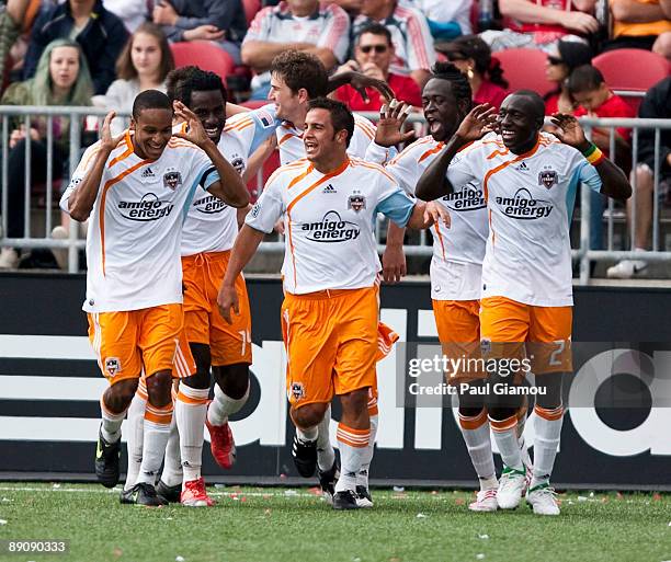 Midfielder Ricardo Clark, Ade Akinbiyi, defender Bobby Boswell, Danny Cruz, forward Kai Kamara and forward Dominic Oduro of the Houston Dynamo...