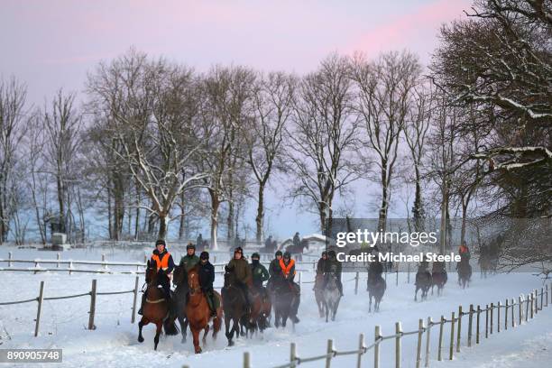 The first lot head down the polytack gallop in heavy snow conditions at the yard of national hunt trainer Nigel Twiston-Davies on December 12, 2017...