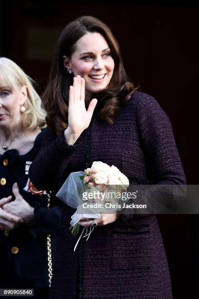 Catherine, Duchess of Cambridge departs from the 'Magic Mums' community Christmas party held at Rugby Portobello Trust on December 12, 2017 in...