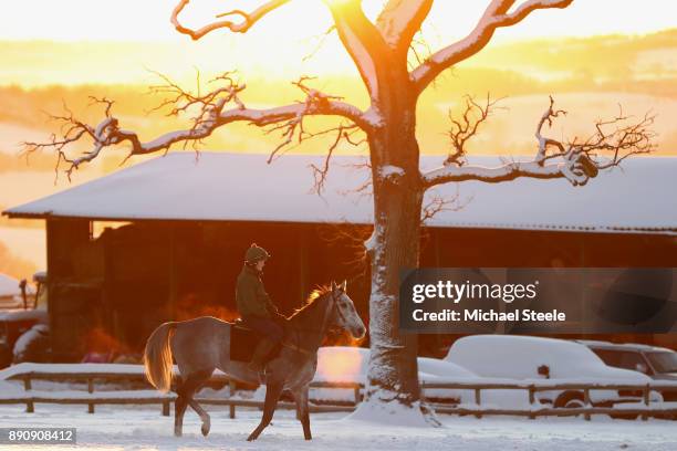 Rider and racehorse head out for the third lot during morning gallops at the yard of national hunt trainer Nigel Twiston-Davies on December 12, 2017...