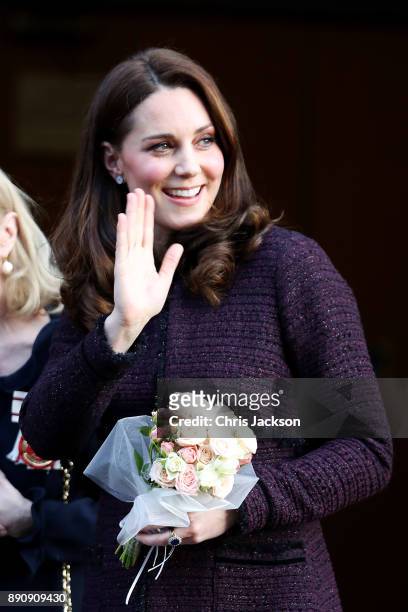 Catherine, Duchess of Cambridge departs from the 'Magic Mums' community Christmas party held at Rugby Portobello Trust on December 12, 2017 in...