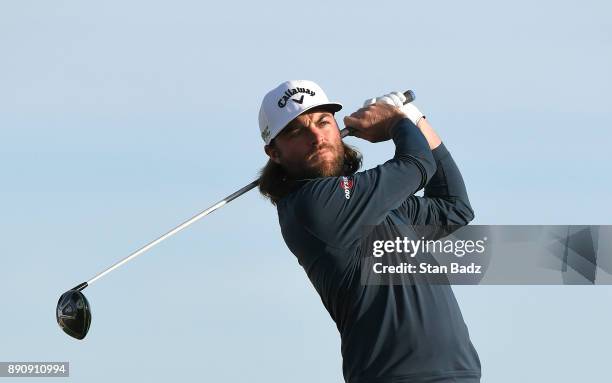 Joey Garber plays a tee shot on the second hole during the final round of the Web.com Tour Qualifying Tournament at Whirlwind Golf Club on the...