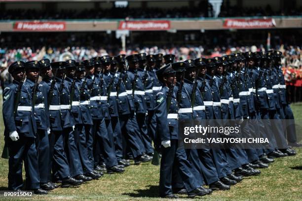 Members of Kenya's Air Force march during the Independence Day ceremony, called Jamhuri Day at Kasarani stadium in Nairobi, Kenya, on December 12,...