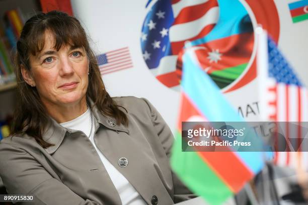 Space shuttle Atlantis Mission Specialist Heidemarie Stefanyshyn-Piper attends a press conference in Baku at American Center.
