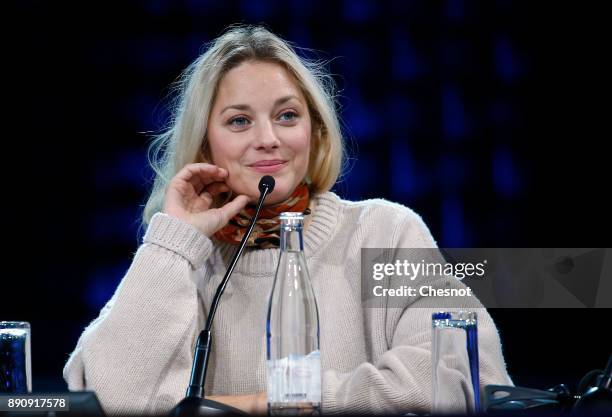 French actress Marion Cotillard attends a working session during the One Planet Summit at the Seine Musicale on December 12, 2017 in...