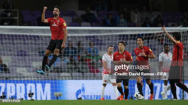 Mauricio Antonio of Urawa Reds celebrates scoring the 3rd Urawa Reds goal with team mates during the FIFA Club World Cup UAE 2017 fifth place playoff...