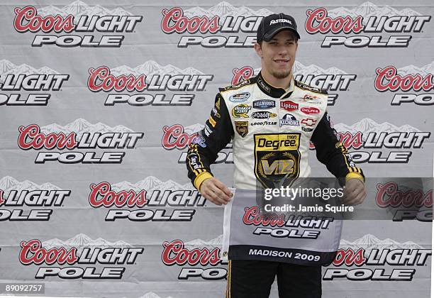 Brad Keselowski, driver of the Degree V12 Chevrolet, celebrates winning the pole position for the Missouri-Illinois Dodge Dealers 250 at Gateway...