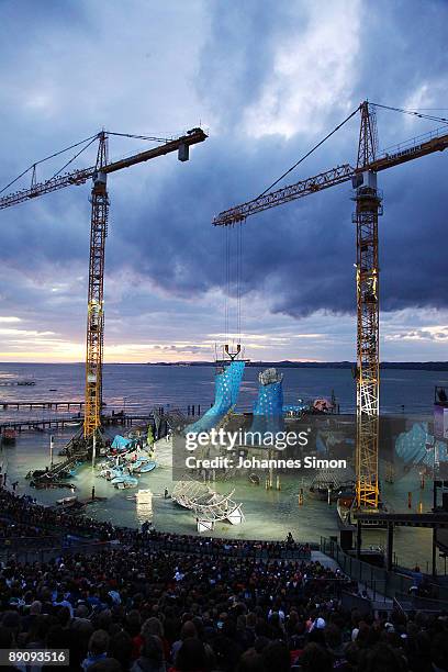 The floating stage , built as an artificial island of Lake Constance, is seen prior to the rehearsal of Giuseppe Verdi's opera 'Aida' on July 18,...