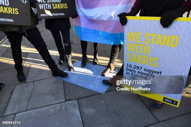 People gathered outside the FInnish Embassy, to support the campaign Sakris Kupila, London on December 11, 2017. Sakris Kupila is a 21-year-old...