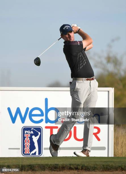 Brandon Matthews plays a tee shot on the second hole during the final round of the Web.com Tour Qualifying Tournament at Whirlwind Golf Club on the...