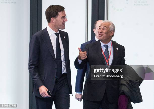 Mark Rutte, Netherland's prime minister, left, speaks with Antonio Costa, Portugal's prime minister, as they arrive at the One Planet Summit in...