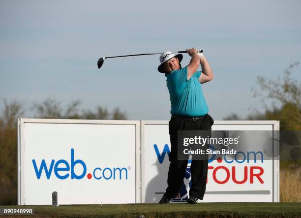 Patrick Newcomb plays a tee shot on the second hole during the final round of the Web.com Tour Qualifying Tournament at Whirlwind Golf Club on the...